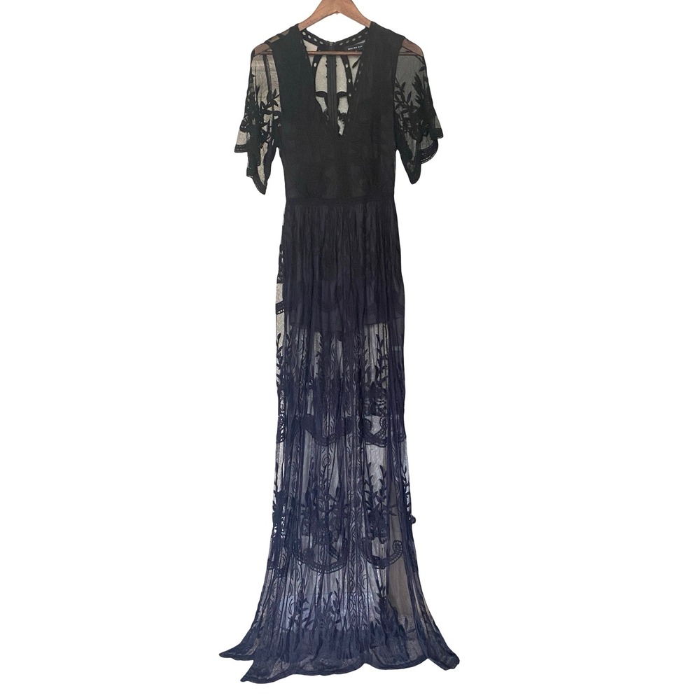 Malibu Sky Women Black Lace Sheer Overlay Romper Maxi Dress M Embroidered Slit